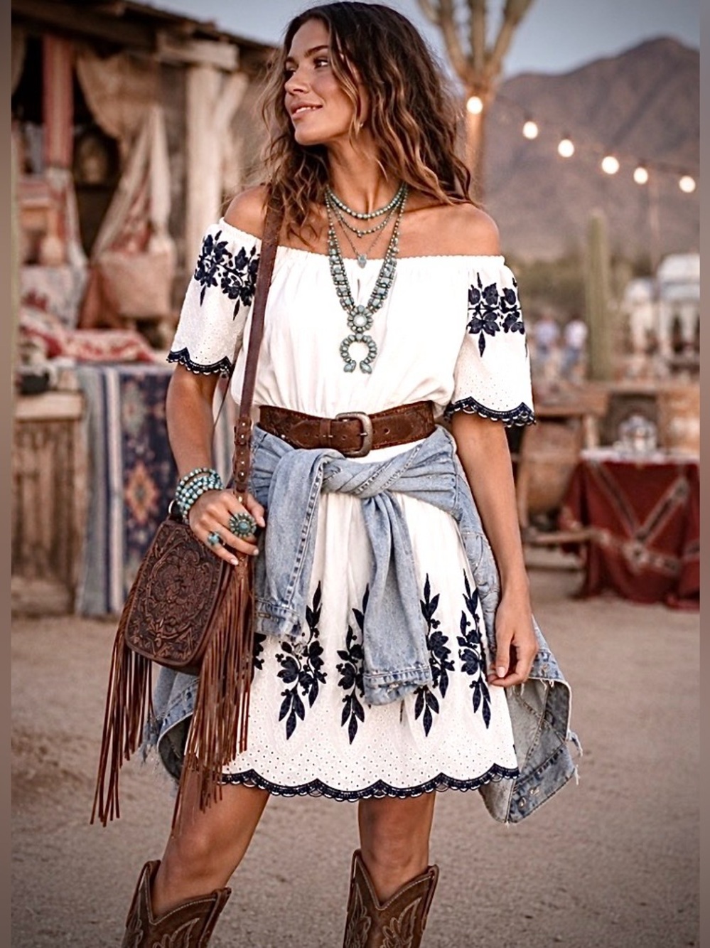 Anthropologie ‘Kindred’ Boho Off-Shoulder Embroidered Dress. White / Navy. M 🌺